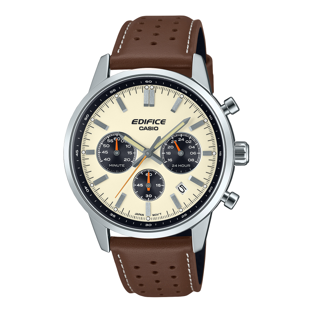 Collection Edifice - EFR-575L-7AEF - Montre Casio – boîtier en acier inoxydable argenté, cadran blanc-argent bicolore, bracelet en cuir – vue de face