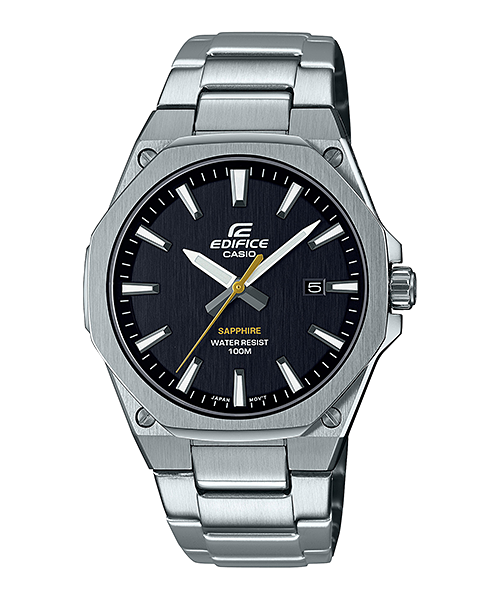 Collection Edifice - EFR-S108D-1AVUEF - Montre Casio – boîtier fin en acier inoxydable, lunette octogonale brossée, cadran noir, trotteuse dorée, bracelet acier – vue de face