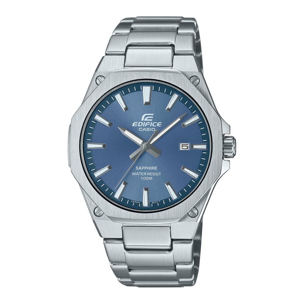 Collection Edifice - EFR-S108D-2AVUEF - Montre Casio – boîtier fin en acier inoxydable, lunette octogonale brossée, cadran bleu, bracelet acier – vue de face