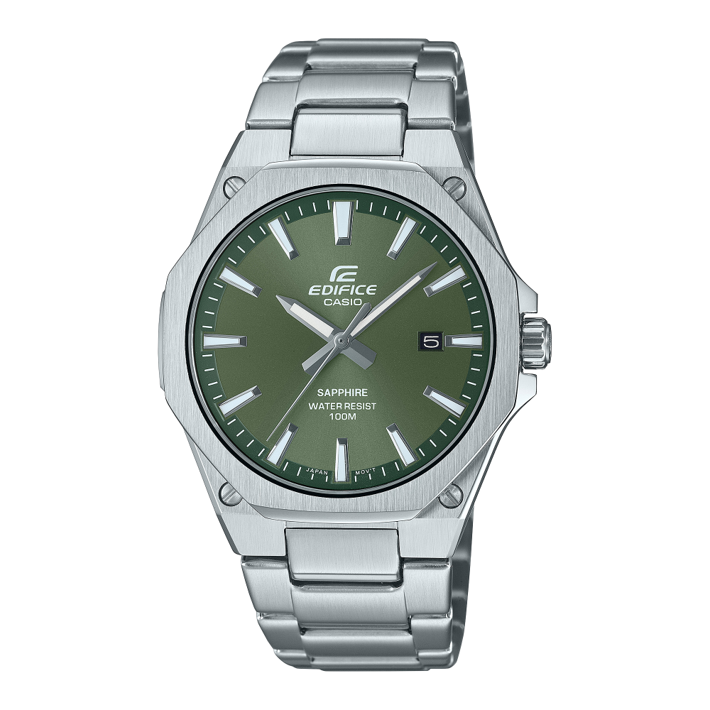Collection Edifice - EFR-S108D-3AVUEF - Montre Casio – boîtier fin en acier inoxydable, lunette octogonale brossée, cadran vert brossé, bracelet acier – vue de face