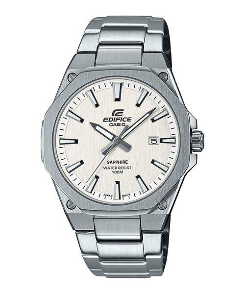 Collection Edifice - EFR-S108D-7AVUEF - Montre Casio – boîtier fin en acier inoxydable, lunette octogonale brossée, cadran blanc-argent, bracelet acier – vue de face