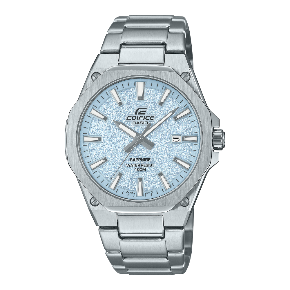 Collection Edifice - EFR-S108DE-2AVUEF - Montre Casio – boîtier fin en acier argenté à lunette octogonale, cadran bleu texturé, bracelet en acier – vue de face