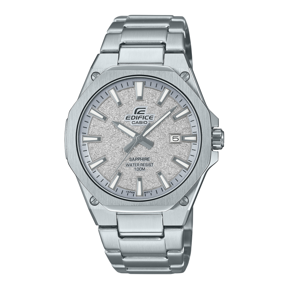 Collection Edifice - EFR-S108DE-8AVUEF - Montre Casio – boîtier fin en acier argenté à lunette octogonale, cadran gris texturé, bracelet en acier – vue de face