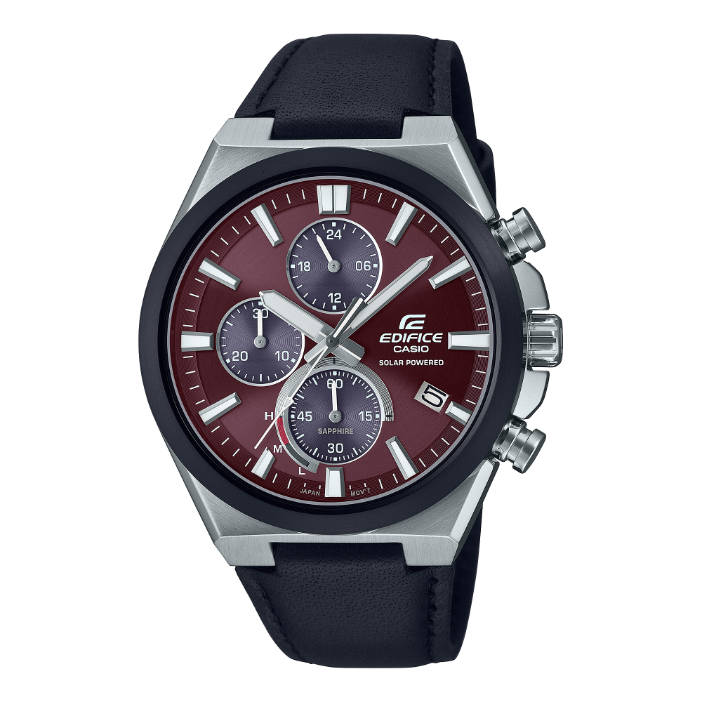 Collection Edifice - EFS-S630BL-5AVUEF - Montre Casio – boîtier en acier argenté à lunette noire, bracelet en cuir marron – vue de face
