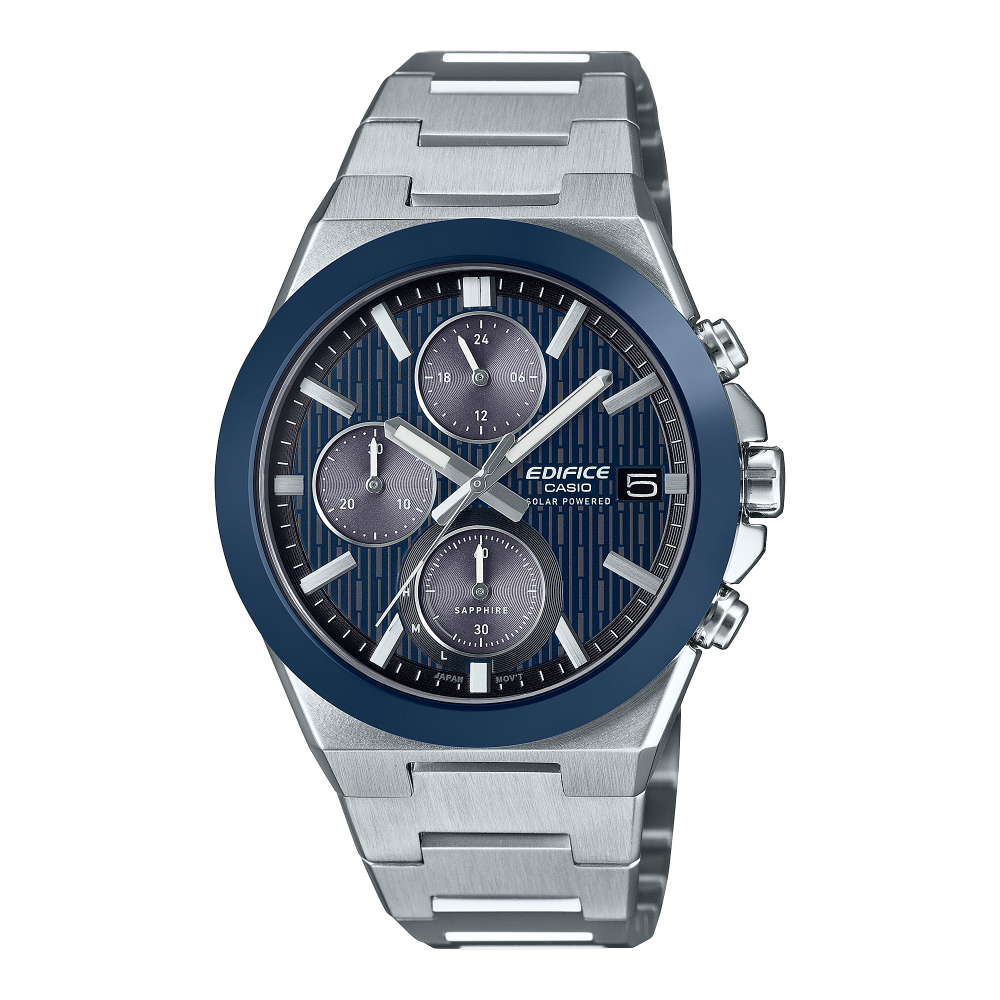 Collection Edifice - EFS-S650D-2AEF - Montre Casio – chronographe solaire à cadran bleu, lunette en céramique, boîtier et bracelet en acier argenté – vue de face