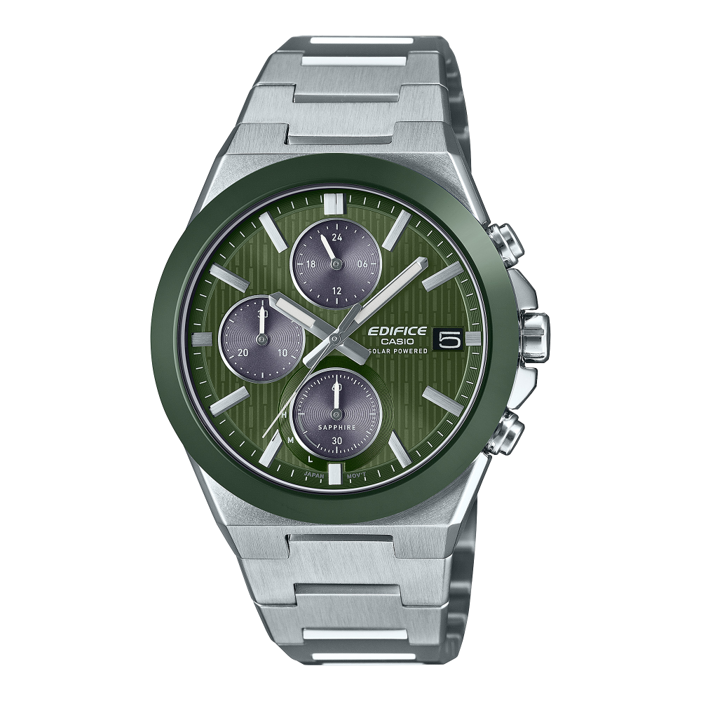 Collection Edifice - EFS-S650D-3AEF - Montre Casio – boîtier en acier poli argenté avec lunette en céramique, cadran vert, bracelet en acier – vue de face