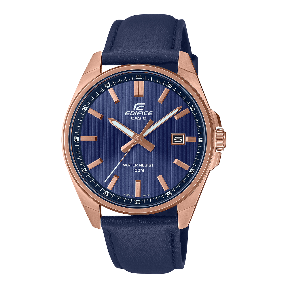 Collection Edifice - EFV-150CL-2AVUEF - Montre Casio – boîtier en acier doré rose, cadran bleu, bracelet en cuir – vue de face