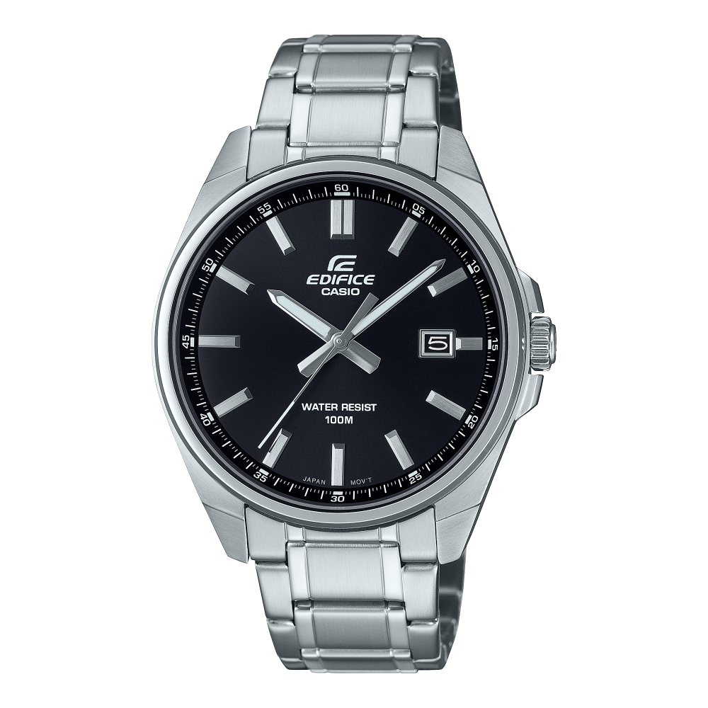 Collection Edifice - EFV-150D-1AVUEF - Montre Casio – montre trois aiguilles à cadran noir, boîtier et bracelet en acier inoxydable argenté – vue de face