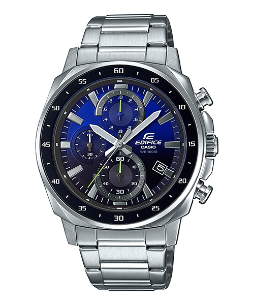 Collection Edifice - EFV-600D-2AVUEF - Montre Casio – boîtier en acier inoxydable, cadran bleu dégradé, trotteuse verte, bracelet acier – vue de face