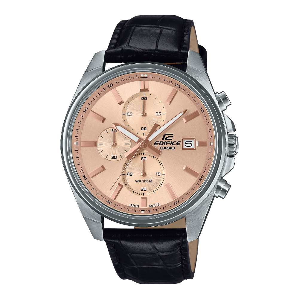 Collection Edifice - EFV-610EL-5AUEF - Montre Casio – boîtier en acier inoxydable, cadran à accents rose doré, bracelet en cuir marron – vue de face