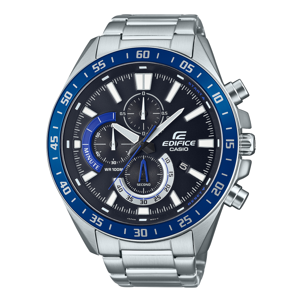 Collection Edifice - EFV-620D-1A2VUEF - Montre Casio – grand chronographe à cadran noir, boîtier et bracelet en acier inoxydable argenté – vue de face