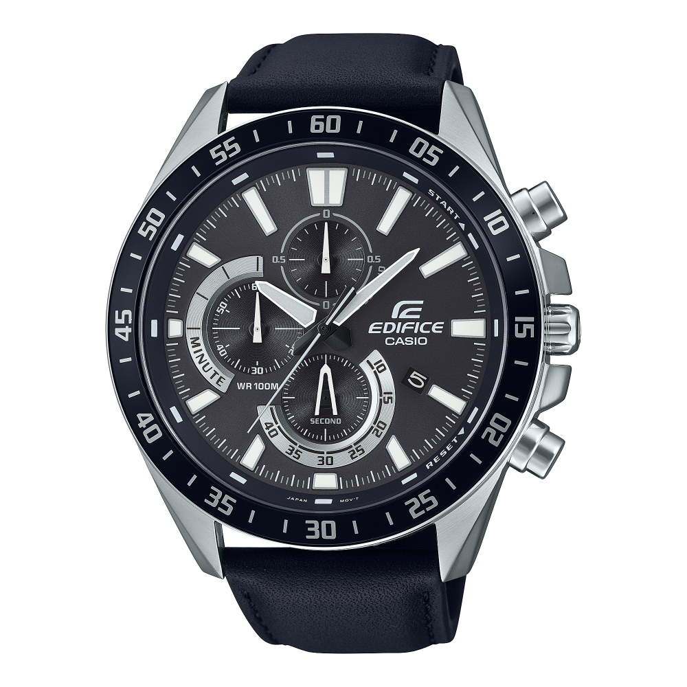 Collection Edifice - EFV-620L-1AVUEF - Montre Casio – boîtier en acier argenté, cadran noir, bracelet en cuir noir – vue de face