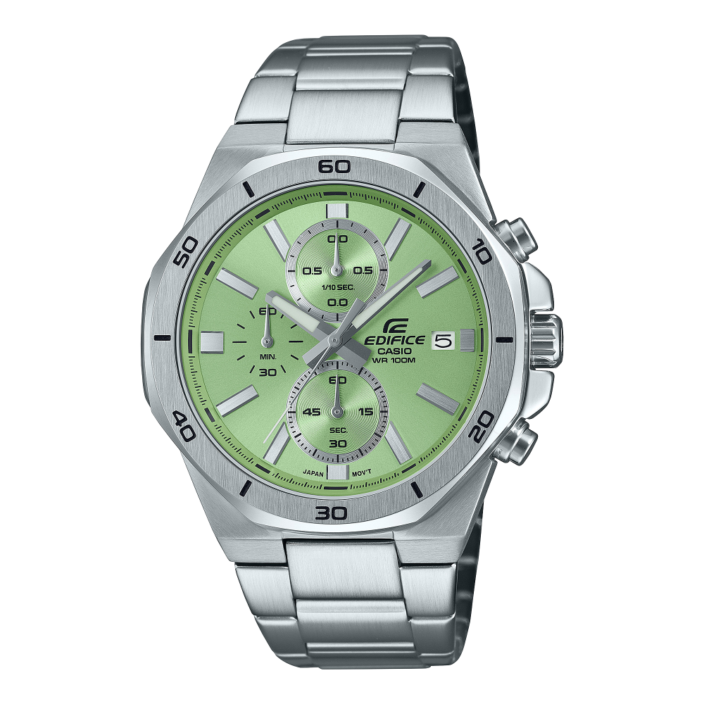 Collection Edifice - EFV-640D-3AVUEF - Montre Casio – boîtier en acier argenté à lunette octogonale, cadran vert, bracelet en acier – vue de face