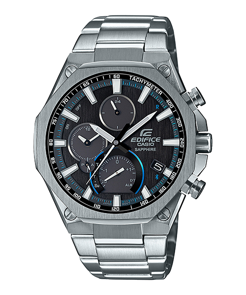 Collection Edifice - EQB-1100D-1AER - Montre Casio – boîtier ultramince en acier argenté, cadran noir à quatre compteurs, bracelet en acier – vue de face