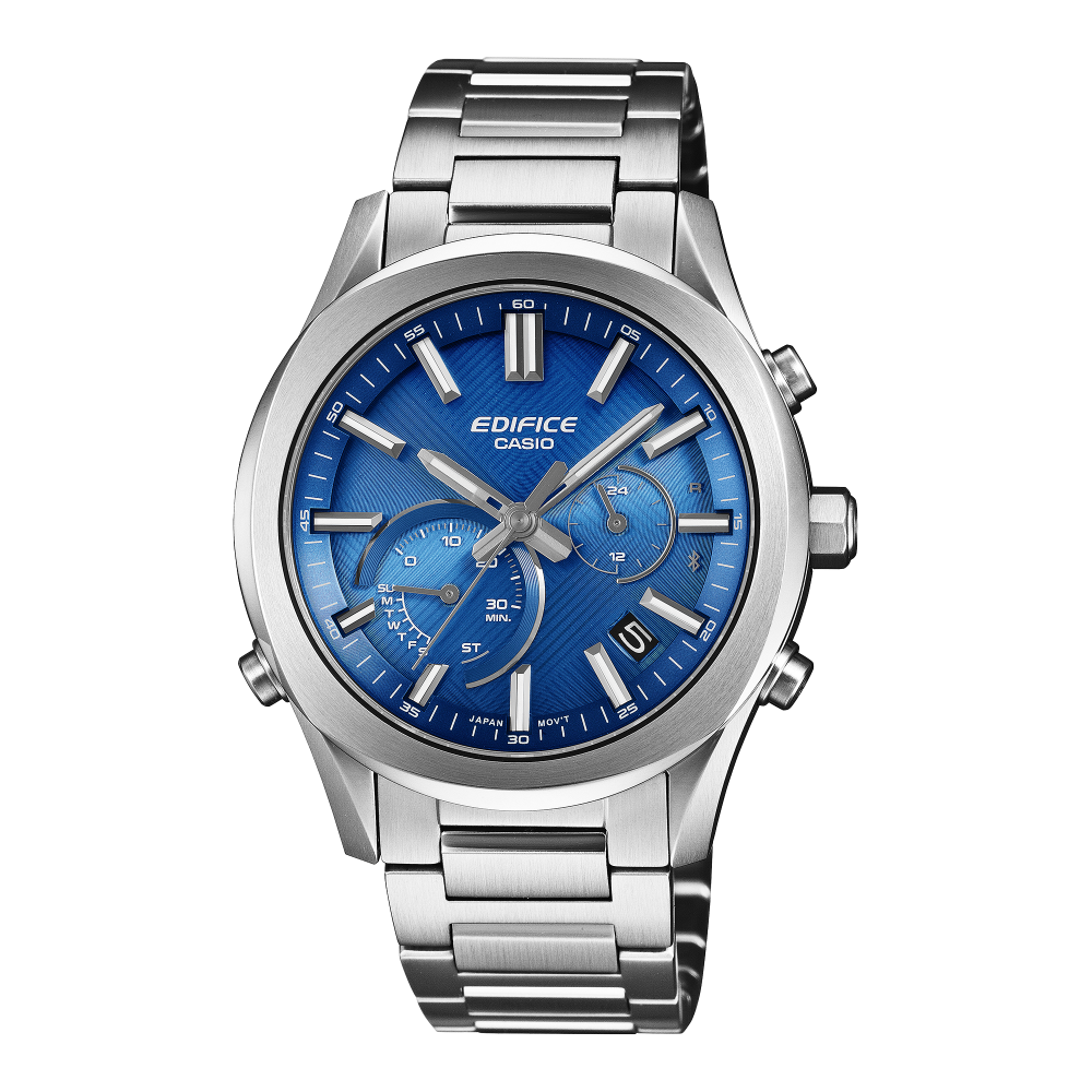Collection Edifice - EQB-1300D-2AEF - Montre Casio – boîtier fin en acier argenté, cadran bleu texturé, bracelet en acier à maillons – vue de face
