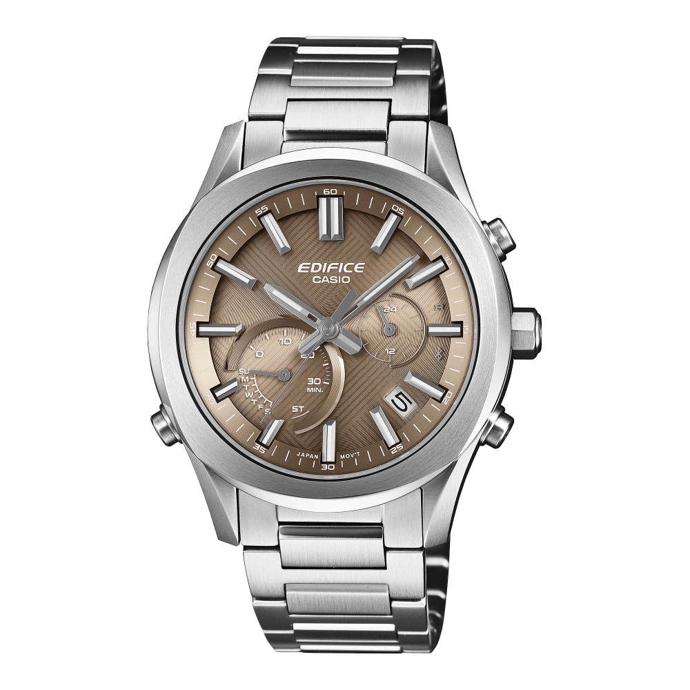 Collection Edifice - EQB-1300D-5AEF - Montre Casio – boîtier fin en acier argenté, cadran marron texturé, bracelet en acier à maillons – vue de face