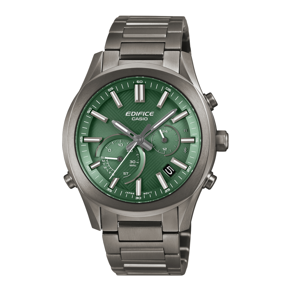 Collection Edifice - EQB-1300DC-3AEF - Montre Casio – boîtier fin en acier gris, cadran vert texturé, bracelet en acier gris à maillons – vue de face