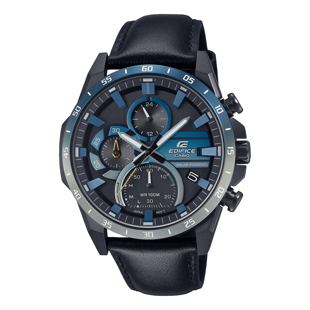 Collection Edifice - EQS-940NL-1AVUEF - Montre Casio – boîtier en acier, lunette dégradée bleu et argent, cadran noir, bracelet en cuir noir – vue de face
