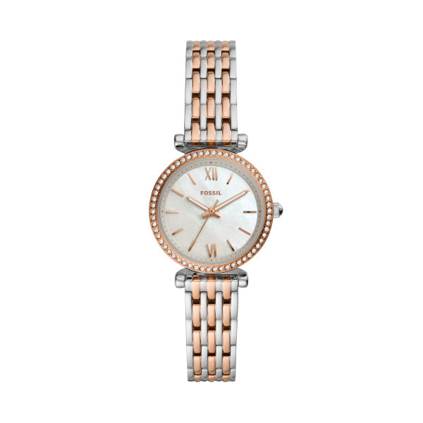 Montre femme Fossil Carlie ES4649 – cadran nacre bracelet acier inoxydable bicolore – vue de face