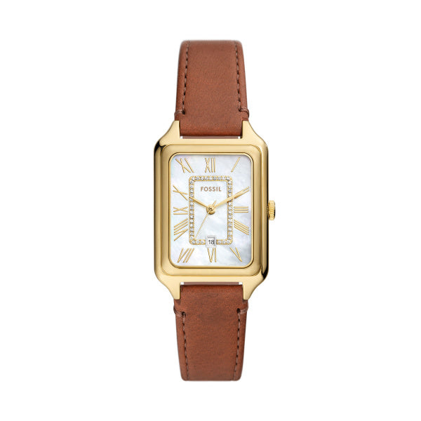 Montre femme Fossil Raquel ES5307 – cadran nacre bracelet cuir marron – vue de face
