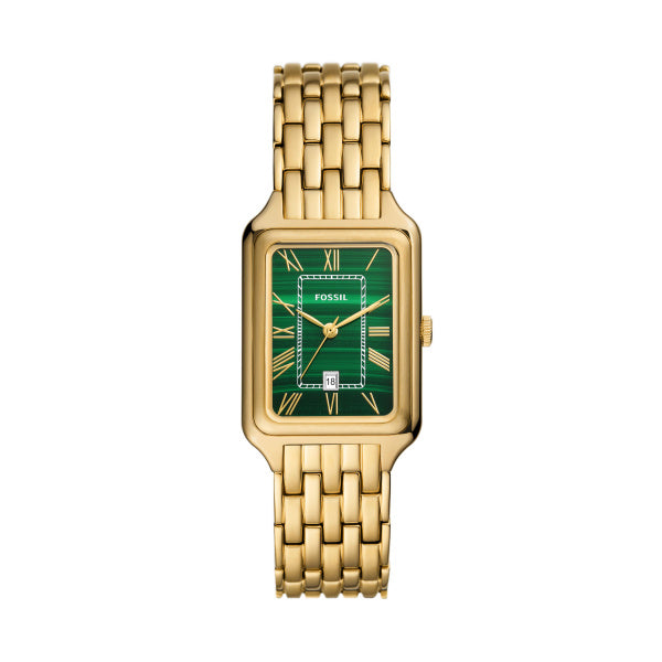Montre femme Fossil Raquel ES5341 – cadran vert bracelet acier inoxydable doré – vue de face