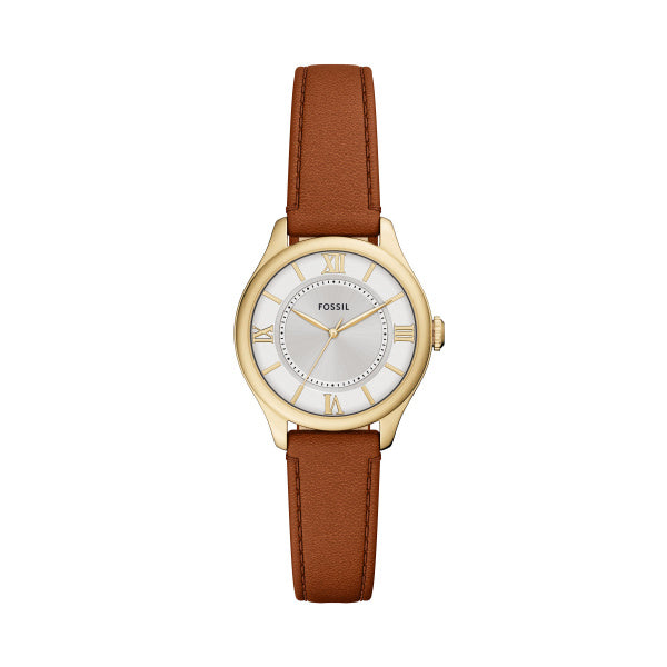 Montre femme Fossil Gilmore ES5423 – cadran argenté bracelet cuir marron – vue de face