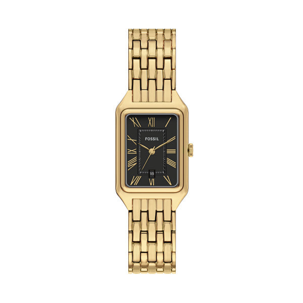 Montre femme Fossil Raquel ES5434 – cadran noir bracelet acier inoxydable doré – vue de face