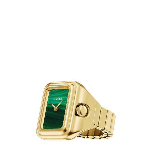 Montre femme Fossil Raquel Watch Ring ES5448 – cadran vert bracelet acier inoxydable doré – vue de face