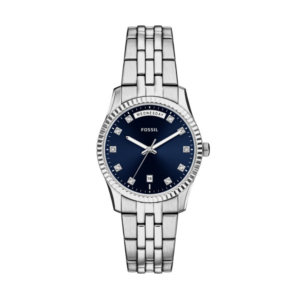 Montre femme Fossil Scarlette ES5457 – cadran bleu bracelet acier inoxydable argenté – vue de face