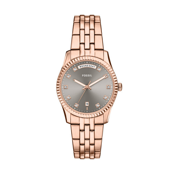 Montre femme Fossil Scarlette ES5459 – cadran gris bracelet acier inoxydable doré rose – vue de face