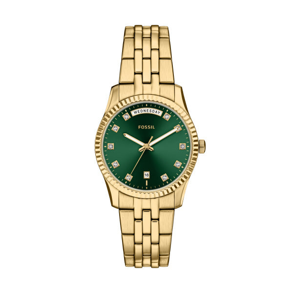 Montre femme Fossil Scarlette ES5460 – cadran vert bracelet acier inoxydable doré – vue de face