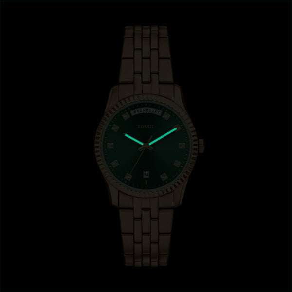 Montre femme Fossil Scarlette ES5460 – cadran vert bracelet acier inoxydable doré – vue 5