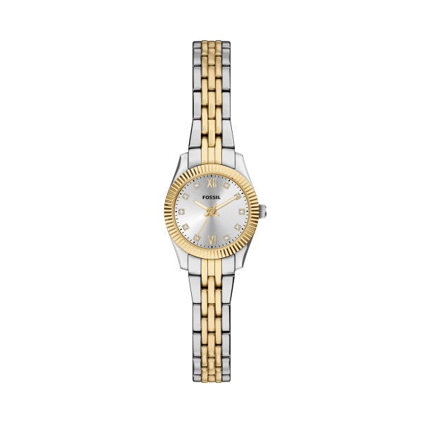 Montre femme Fossil Scarlette ES5473 – cadran argenté bracelet acier inoxydable bicolore – vue de face