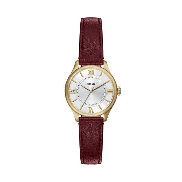 Montre femme Fossil Gilmore ES5510 – cadran argenté bracelet cuir rouge – vue de face