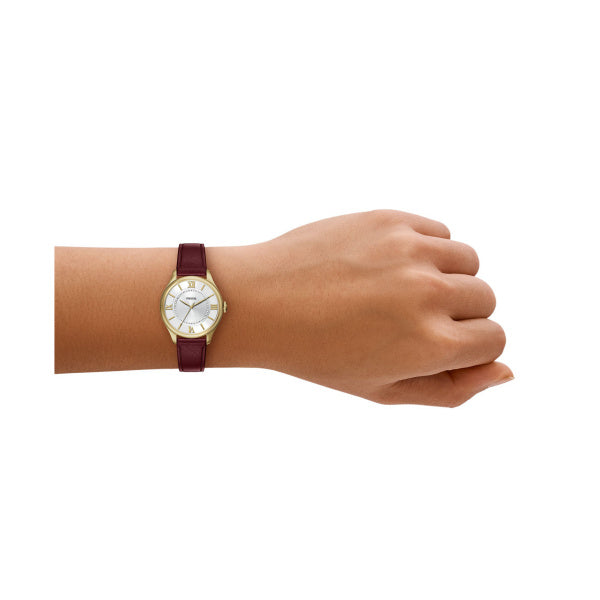Montre femme Fossil Gilmore ES5510 – cadran argenté bracelet cuir rouge – vue 4
