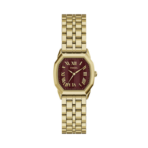 Montre femme Fossil Harlow ES5511 – cadran rouge bracelet acier inoxydable doré – vue de face