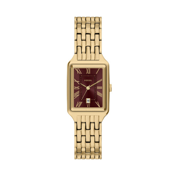 Montre femme Fossil Raquel ES5512 – cadran rouge bracelet acier inoxydable doré – vue de face