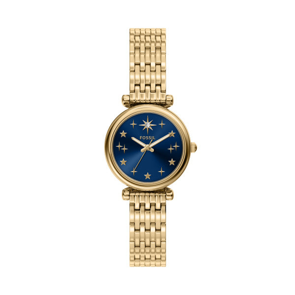 Montre femme Fossil Carlie ES5521 – cadran bleu bracelet acier inoxydable doré – vue de face