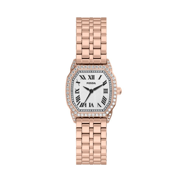 Montre femme Fossil Harlow ES5525 – cadran blanc bracelet acier inoxydable doré rose – vue de face