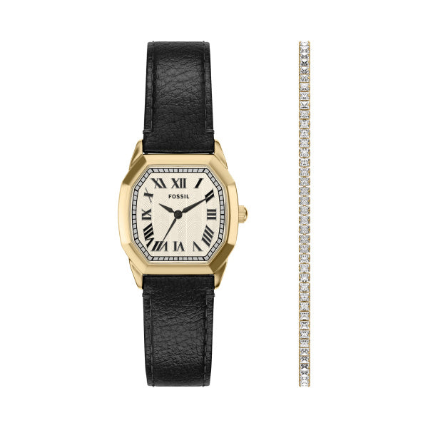 Montre femme Fossil Harlow ES5526SET – cadran crème bracelet cuir noir – vue de face