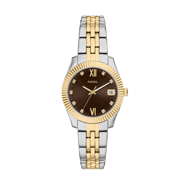 Montre femme Fossil Scarlette ES5539 – cadran marron bracelet acier inoxydable bicolore – vue de face
