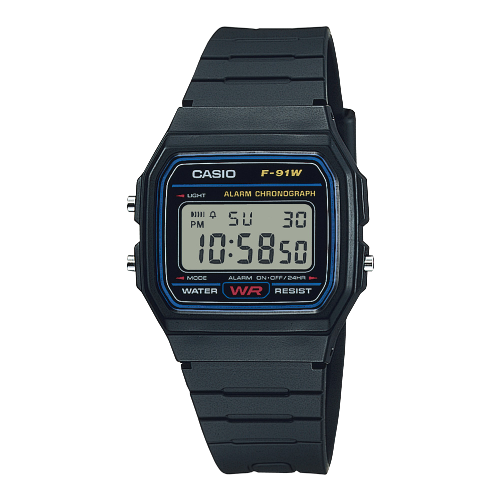 Collection Timeless - F-91W-1YEG - Montre Casio – boîtier carré en résine noire, écran LCD, bracelet en résine noir – vue de face