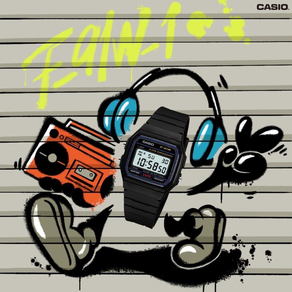 Collection Timeless - F-91W-1YEG - Montre Casio – boîtier carré en résine noire, écran LCD, bracelet en résine noir – vue 8