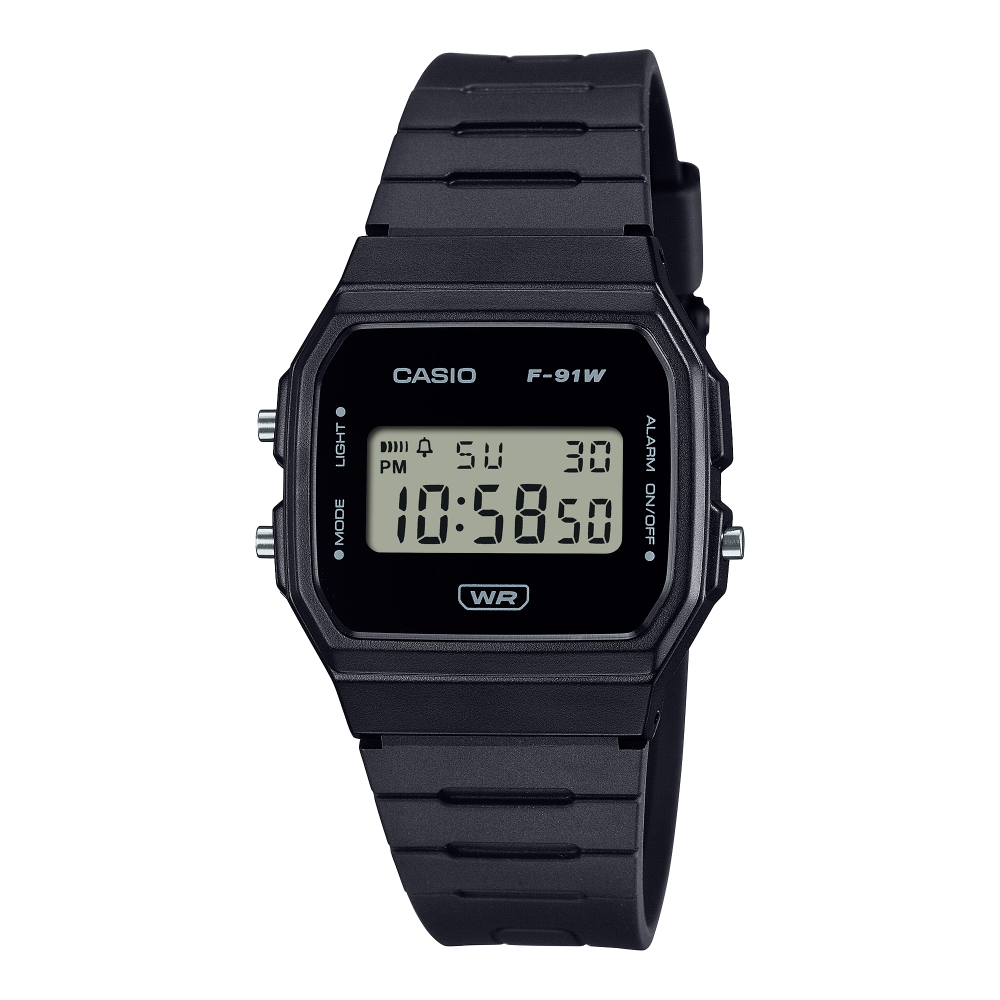 Collection Timeless - F-91WB-1AEF - Montre Casio – boîtier en résine biosourcée noire, écran LCD épuré, bracelet en résine bio noir – vue de face