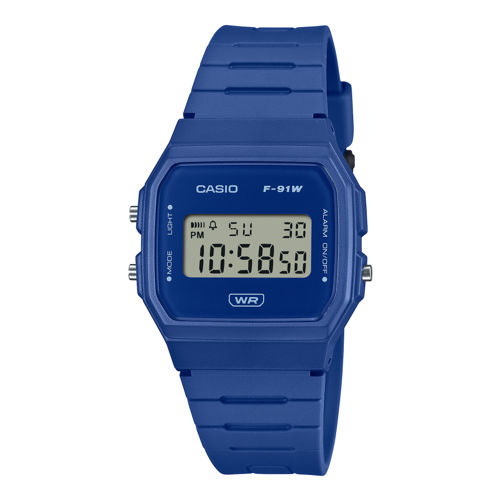 Collection Timeless - F-91WB-2A1EF - Montre Casio – boîtier en résine biosourcée bleue, écran LCD, bracelet en résine bio bleu – vue de face