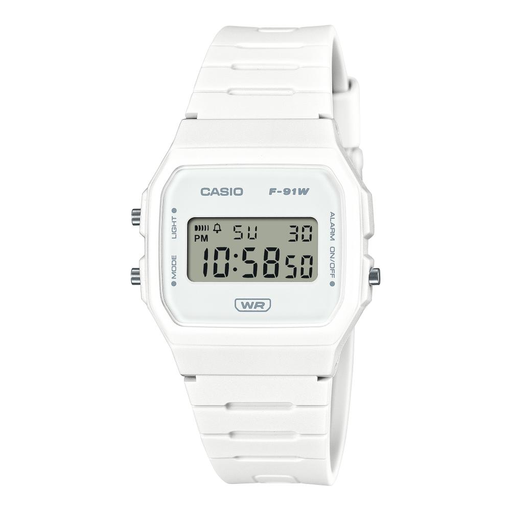 Collection Timeless - F-91WB-7AEF - Montre Casio – boîtier en résine biosourcée blanche, écran LCD, bracelet en résine bio blanc – vue de face