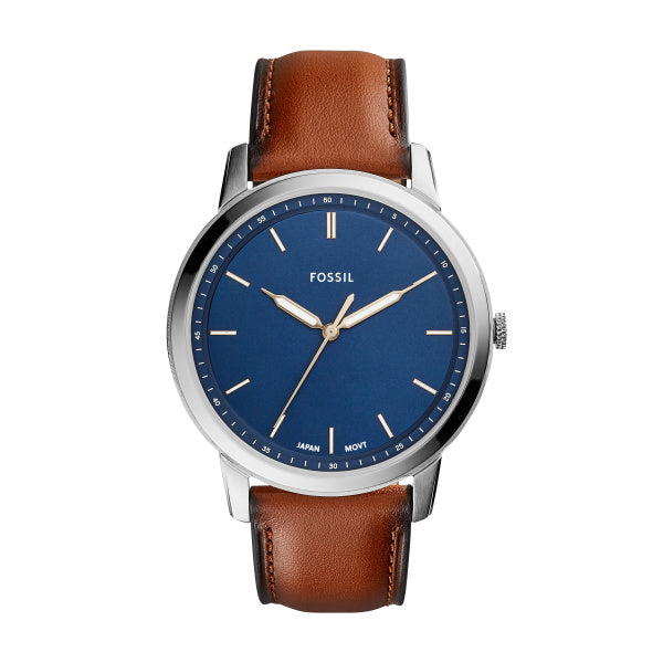 Montre homme Fossil Minimalist FS5304 – cadran bleu bracelet cuir marron – vue de face