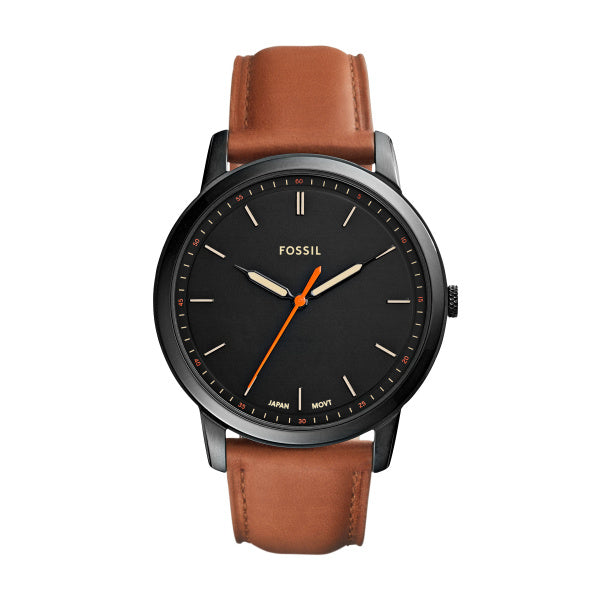 Montre homme Fossil Minimalist FS5305 – cadran noir bracelet cuir marron – vue de face
