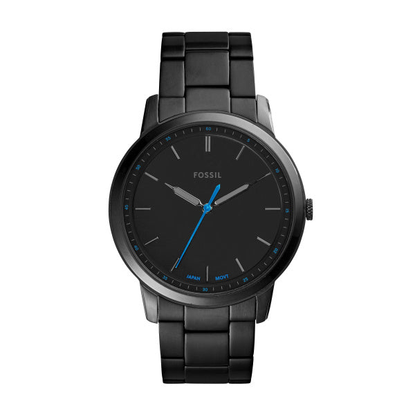 Montre homme Fossil Minimalist FS5308 – cadran noir bracelet acier inoxydable noir – vue de face