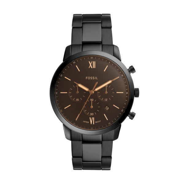 Montre homme Fossil Amber Crystal FS5525 – cadran noir bracelet acier inoxydable noir – vue de face
